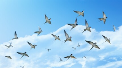 Fototapeta premium Flocks of swallows flew in a long line. in the blue sky It represents freedom. and elegance