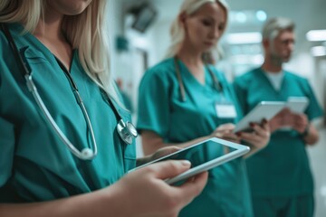 A team of focused healthcare professionals using digital tablets for patient care and coordination in a modern hospital corridor.