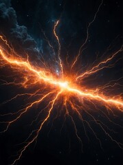 Orange electric thunder with sparks and embers on dark outer space cosmos background from Generative AI