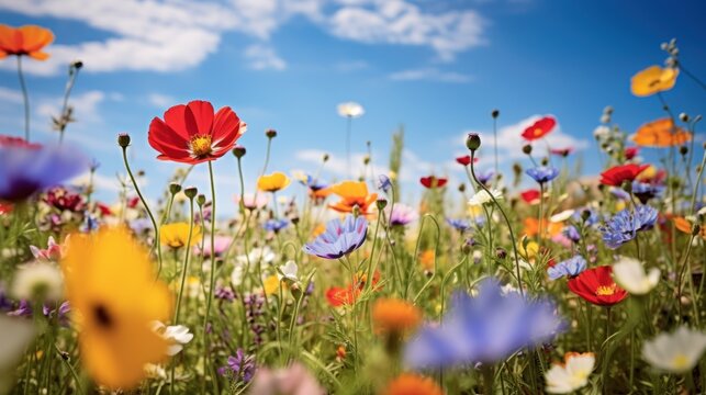 Field of colorful wildflowers The fields are in full bloom. It represents brightness. and vitality