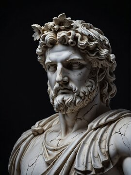 Marble statue of an ancient Greek god apollo on plain black background. Sculpture photography from Generative AI