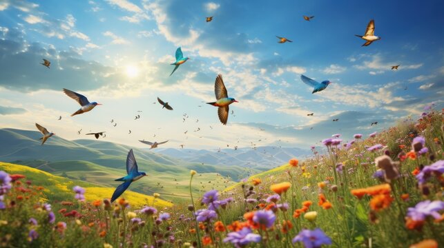 Flocks of colorful birds soar above fields of wildflowers. Create a lively image full of energy