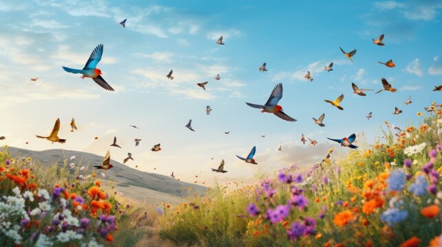 Flocks of colorful birds soar above fields of wildflowers. Create a lively image full of energy