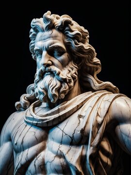 Marble statue of an ancient Greek god zeus on plain black background. Sculpture photography from Generative AI