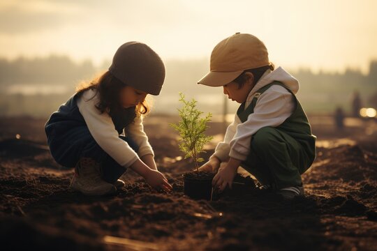Image of children planting trees together It represents a bright future. Continuing the intention