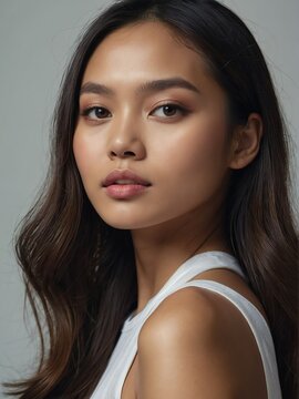 Portrait of filipina beautiful model with natural features and clear face, treatment skin care make up ad concept from Generative AI