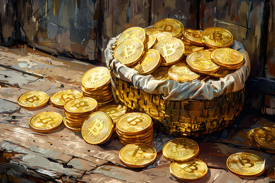 Basket of Gold Coins on Wooden Table