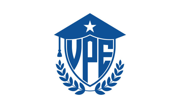 VPE three letter iconic academic logo design vector template. monogram, abstract, school, college, university, graduation cap symbol logo, shield, model, institute, educational, coaching canter, tech
