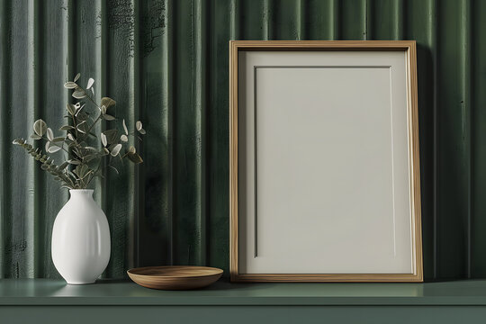 White painted wooden frame mockup close up on green table. On the table decor with a wooden plate and on the wall green corrugated panels. 3d render