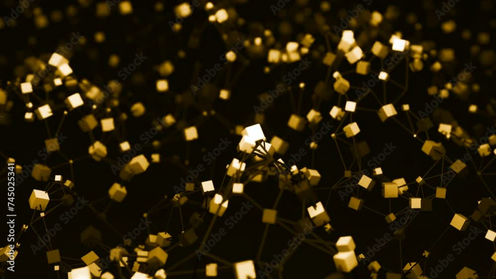 Poster abstract connected lines and cubes in wavy motion. design. up and down levitating 3d particles.
