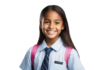 a high quality stock photograph of a single happy school girl full body isolated on a white background