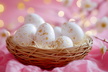 Fototapeta na wymiar gold decorated white Easter eggs in wicker basket close-up on pink background. Easter card