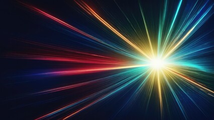 Asymmetric green light burst, abstract beautiful rays of lights on dark blue background with the color of blue and red, golden blue sparkling backdrop with copy space.