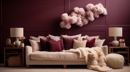 A serene nursery with light champagne wallpaper and rich merlot crib, accessorized with champagne and merlot bedding and plush toys, creating a calming and nurturing environment for the little one
