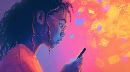 Young woman engrossed in smartphone with glowing social media icons, vibrant digital life concept, cyber communication, neon light effect
