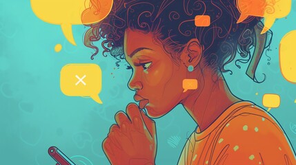 Thoughtful young woman with smartphone contemplating social media interactions, surrounded by colorful thought bubbles and digital icons.
