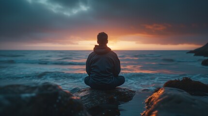 Solitary figure meditating on a serene beach at sunset, finding peace and tranquility in the embrace of nature's beauty.
 - obrazy, fototapety, plakaty