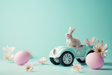 cute bunny with a toy car and Easter eggs on the nature. Easter greeting card concept