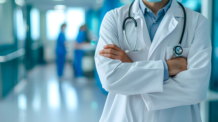 The doctor stood with his arms crossed over his chest and a stethoscope with copy space,In the background is a bright blue hospital.