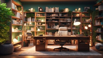 photo of a working room with lots of books and colorful decorations made by AI generative