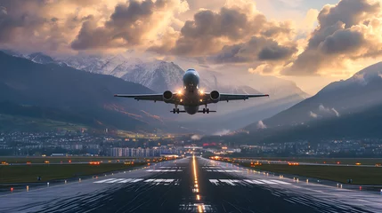 Foto op Plexiglas Oud vliegtuig The plane is taking off from an airport. City and mountain views