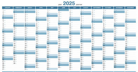 Planner calendar for 2025. Wall organizer, yearly planner template. Vector illustration. Vertical months. One page. Set of 12 months.