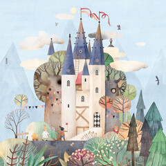 Cute city among the clouds and trees. Decor for a children room. Watercolor background. Castle on a background of mountains.