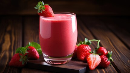 Smoothie in a glass of ripe strawberries on the table. A refreshing refreshing drink, a delicious snack and breakfast. A healthy organic drink. Proper nutrition and diet.
