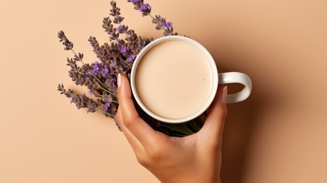 Close-up of a woman's hands with a cappuccino or cocoa mug. An atmospheric image of flowers and a hot drink. Comfort and coziness. Femininity and tenderness.