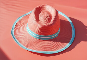 Fototapeta na wymiar Female striped summer romantic Hat On Living coral background Concept of summer holidays