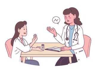 Capturing a scene of medical consultation, this flat design illustration showcases a female doctor elucidating the diagnosis for her patient, promoting clarity and patient engagement