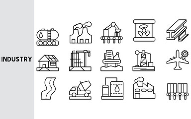 Industry sector ,industrial sectors in the large economic system, tourism, food, electricity, shopping, oil. ,Set of line icons ,Outline symbol collection.,Vector illustration. Editable stroke