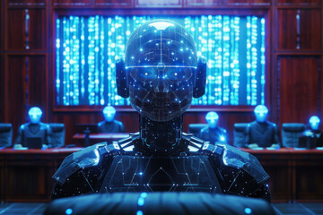 A virtual courtroom where AI judges oversee regulatory compliance cases blending justice with technology