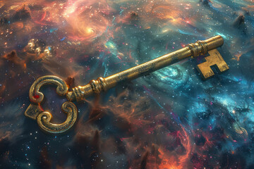 An ancient key floating in space unlocking a gateway to a hidden galaxy surrounded by nebulae - obrazy, fototapety, plakaty