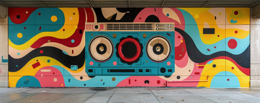 A retro pop art boombox mural pumps out colorful musical waves revitalizing an old building
