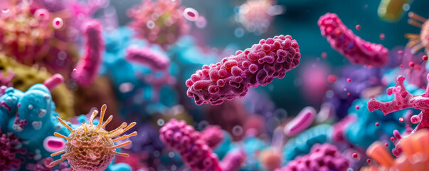 Microscopic view of a diverse bacterial ecosystem within the digestive tract highlighting symbiosis