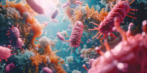 macro shot focusing on the complex interactions between various bacteria in the digestive system