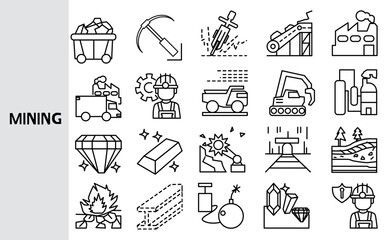 Mining is the use of natural resources to mine coal, gold or iron ore. Iron ore is the material.  ,Set of line icons for business ,Outline symbol collection.,Vector illustration. Editable stroke