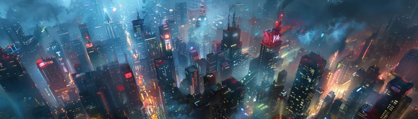 Fotobehang Panoramic view of a cyberpunk cityscape where retro pop art heroes enforce justice beyond the screen © Atchariya63