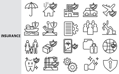 Insurance,  Insurance to protect against various forms of risk. Travel risks Finance and health ,Set of line icons for business ,Outline symbol collection.,Vector illustration. Editable stroke