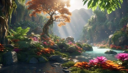 photos of forest and river views that look beautiful and epic in the morning made by AI generative