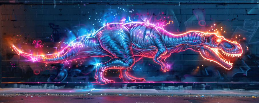 Graffiti of a T-Rex with neon lights symbolizing the power of technology over time