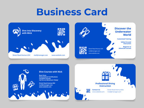 Diving course professional underwater dive instructor business card design template set vector