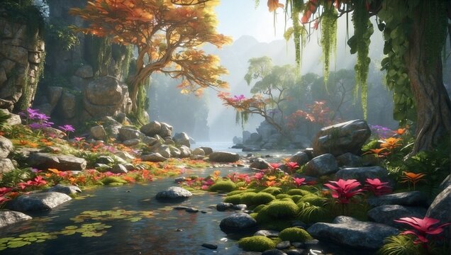 photos of forest and river views that look beautiful and epic in the morning made by AI generative