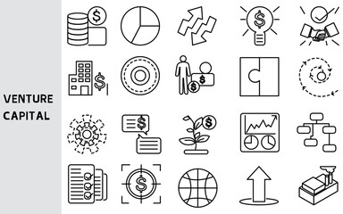 Venture capital, joint investment of businesses, funding sources and business partners,Set of line icons for business ,Outline symbol collection.,Vector illustration. Editable stroke