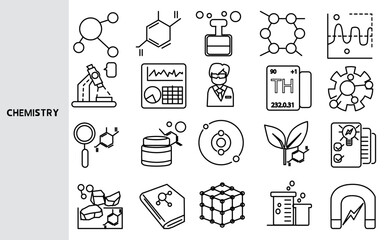 Chemistry, chemical industry and biochemistry scientific experiment ,Set of line icons for business ,Outline symbol collection.,Vector illustration. Editable stroke