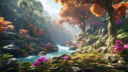photo of a view of a dense forest with a river filled with colorful flowers on the edge made by AI generative