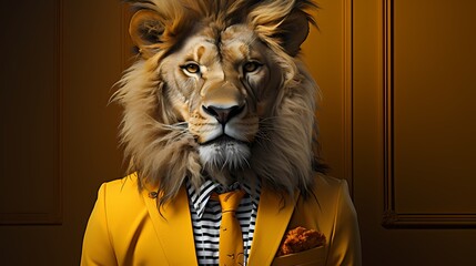 A stylish lion exudes confidence in a tailored suit and trendy eyeglasses against a solid yellow...