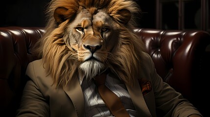 A stylish lion exudes confidence in a tailored suit and trendy eyeglasses. Against a solid background, it commands attention with its modern fashion choices and regal presence