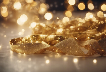 Festive background with gold sparkles and garland Holiday Party concept